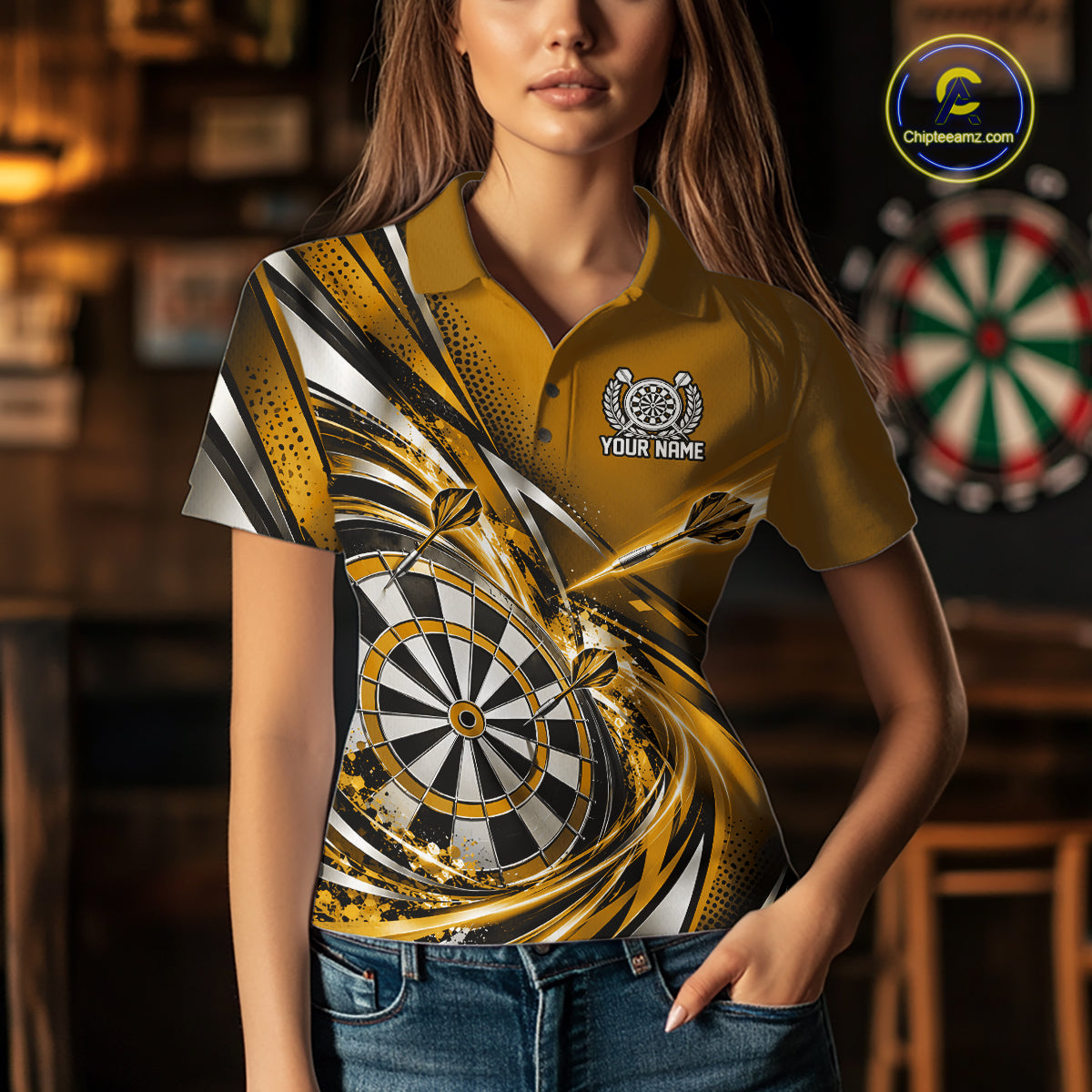 Custom Golden Dart Polo Shirt For Women, Dart Tournament Shirt Dart Team Jersey IPHW12556