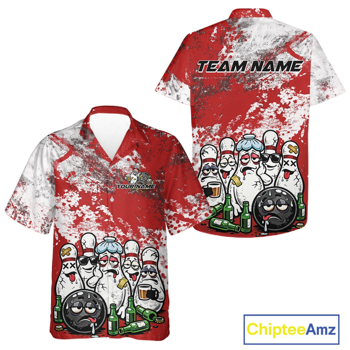 Front and back view of a white button-up bowling shirt mockup featuring red and white grunge splatter background with playful cartoon bowling pins and beer bottle graphics.