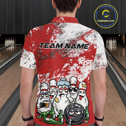 Back view of a male model in a bowling lane wearing a red and white grunge splatter polo shirt featuring playful cartoon bowling action graphics.
