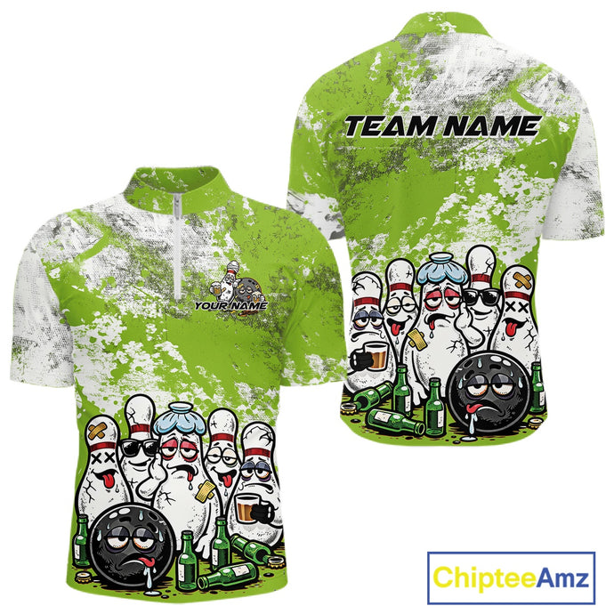 Mens quarter zip bowling shirt mockup displaying green and white grunge splatter background with playful cartoon bowling pins, bowling ball, and beer bottle themed graphics