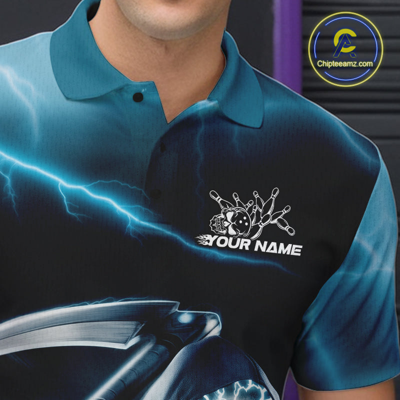 Custom Blue Lightning Grim Reaper Bowling Polo Shirts For Men, Halloween Bowling Jerseys IPHW9843