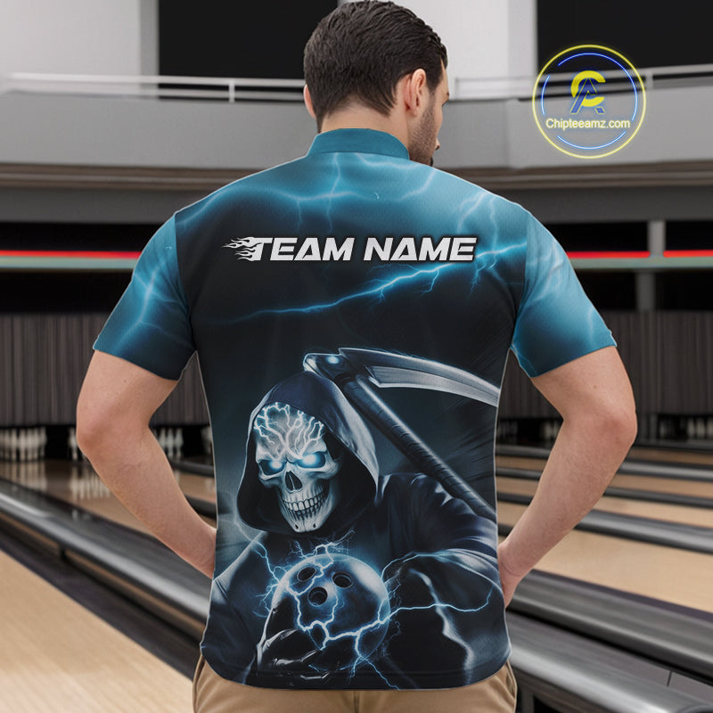 Custom Blue Lightning Grim Reaper Bowling Quarter-Zip Shirts For Men, Halloween Bowling Jerseys IPHW9843
