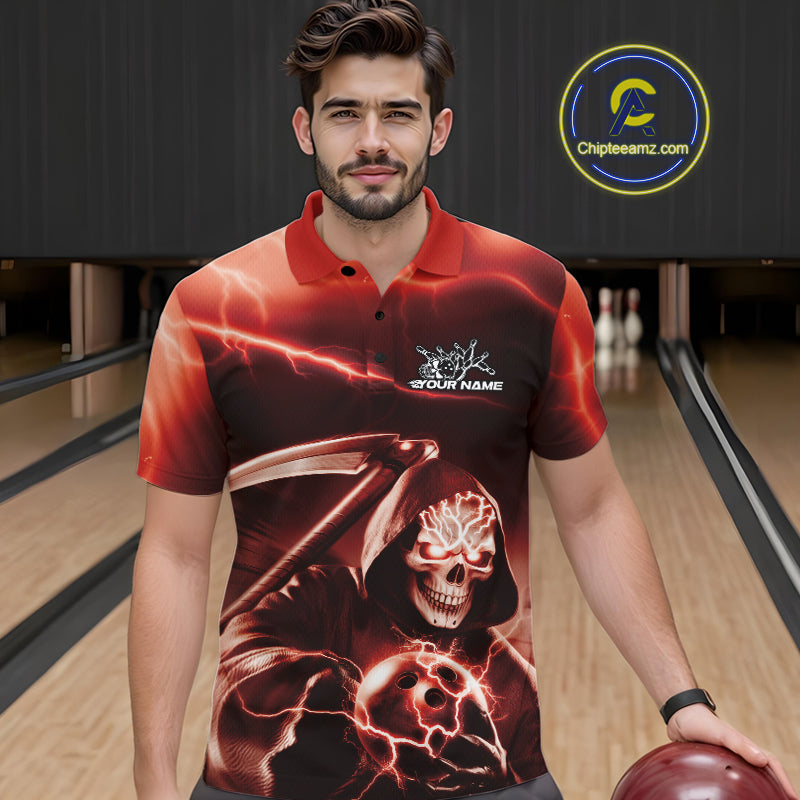 Custom Red Lightning Grim Reaper Bowling Polo Shirts For Men, Halloween Bowling Jerseys IPHW9845