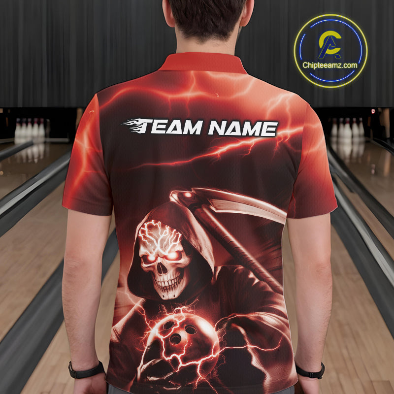 Custom Red Lightning Grim Reaper Bowling Polo Shirts For Men, Halloween Bowling Jerseys IPHW9845
