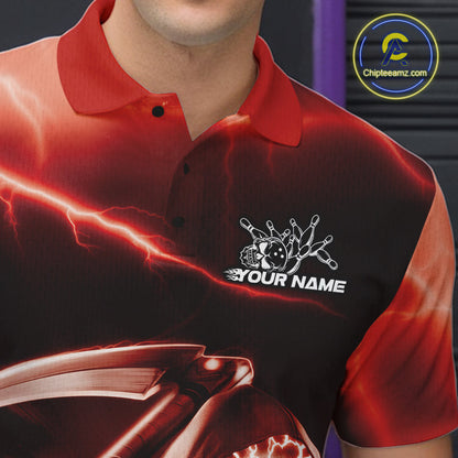 Custom Red Lightning Grim Reaper Bowling Polo Shirts For Men, Halloween Bowling Jerseys IPHW9845