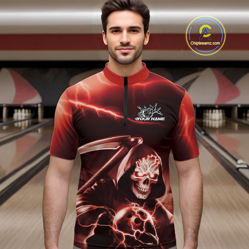 Custom Red Lightning Grim Reaper Bowling Quarter-Zip Shirts For Men, Halloween Bowling Jerseys IPHW9845