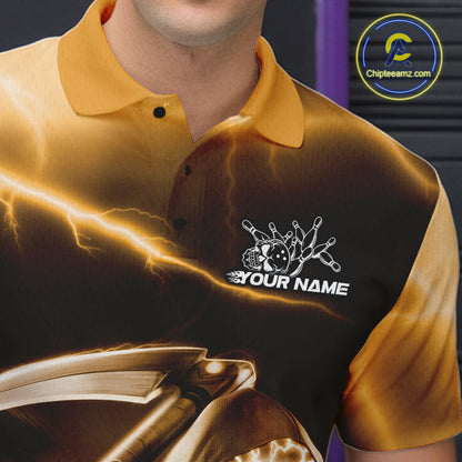 Custom Yellow Lightning Grim Reaper Bowling Polo Shirts For Men, Halloween Bowling Jerseys IPHW9846