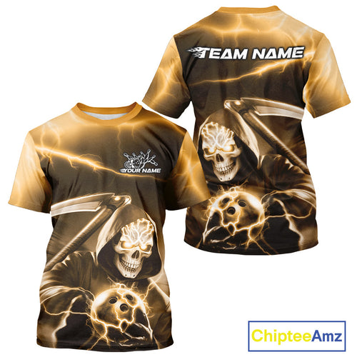 Custom Yellow Lightning Grim Reaper Bowling T-Shirts For Men, Halloween Bowling Jerseys IPHW9846