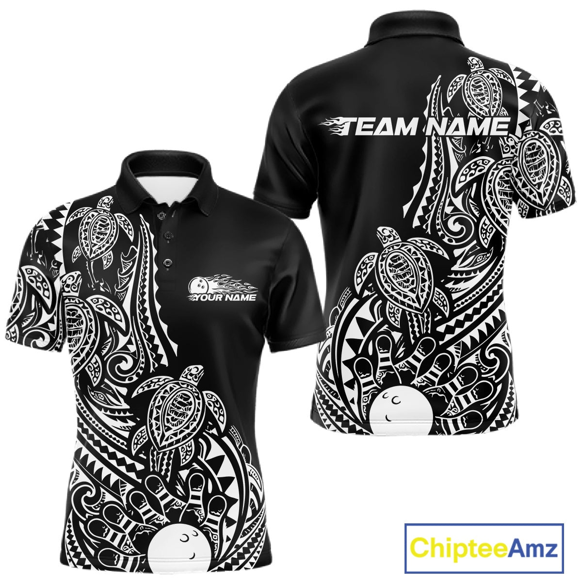 Front and back views of a black and white mens bowling polo shirt showcasing bowling pins and a ball accented by tribal swirls and Polynesian motifs.