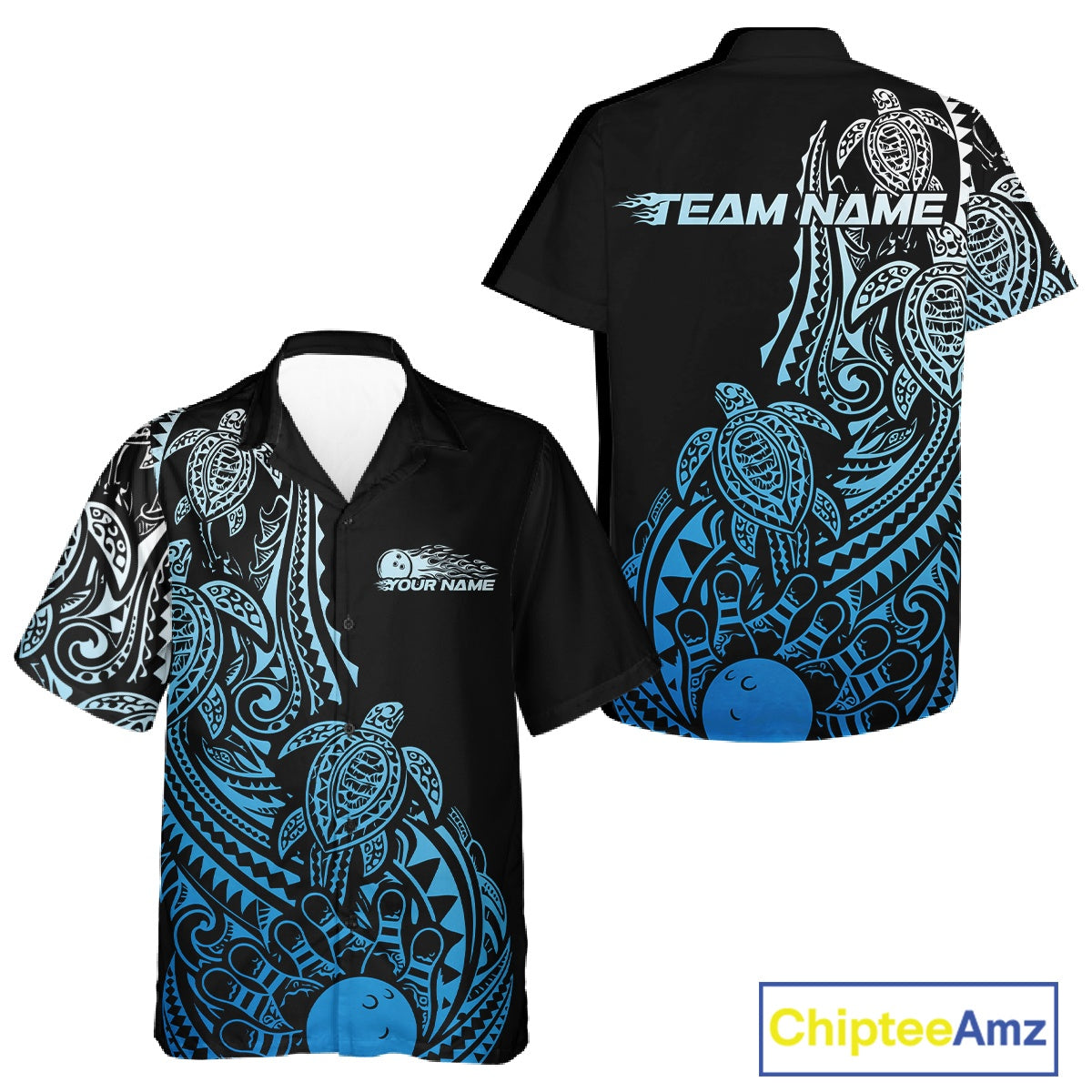 Front and back views of a black and blue button-up bowling shirt featuring bowling artwork framed by tribal swirls and turtle patterns.