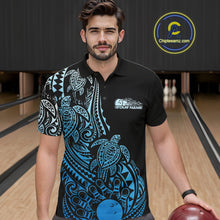 Load image into Gallery viewer, Male model wearing a black and blue bowling polo shirt at the lane with Polynesian-style bowling graphics.