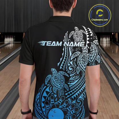 Back view of a male model in a black and blue bowling polo shirt showcasing tribal bowling artwork and turtle-inspired details.