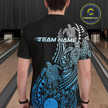 Load image into Gallery viewer, Back view of a male model in a black and blue bowling polo shirt showcasing tribal bowling artwork and turtle-inspired details.