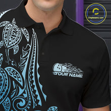 Load image into Gallery viewer, Left chest close-up of a black and blue bowling polo shirt displaying Polynesian bowling motifs and swirl accents.