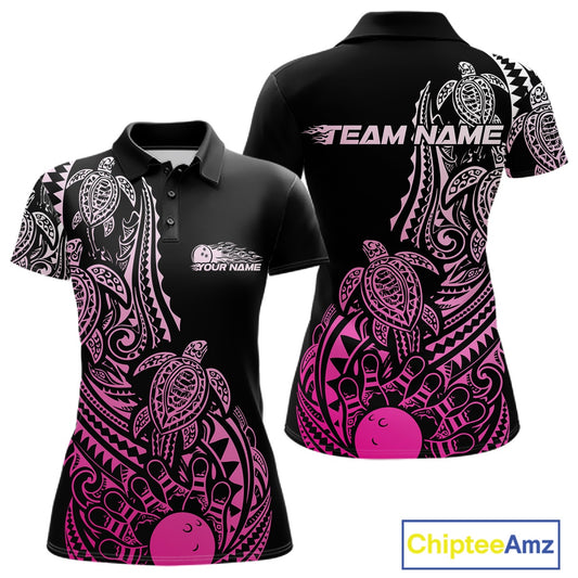 Front and back views of a black and pink womens bowling polo shirt showcasing bowling pins and a ball framed by tribal swirls and turtle motifs.