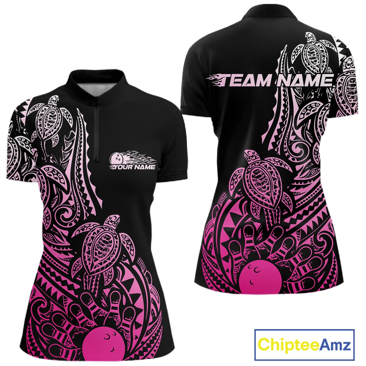 Front and back views of a black and pink womens bowling quarter-zip shirt featuring bowling pins, a bowling ball, and tribal swirl artwork.