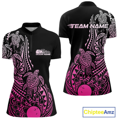 Front and back views of a black and pink womens bowling quarter-zip shirt featuring bowling pins, a bowling ball, and tribal swirl artwork.