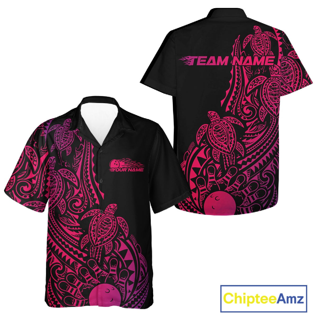Front and back views of a black, pink, and purple button-up bowling shirt featuring bowling ball and pin artwork surrounded by tribal swirls and turtle Polynesian patterns.