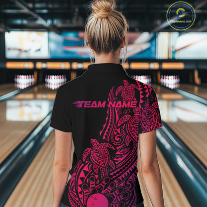 Back view of a female model in a black, pink, and purple bowling quarter-zip shirt showcasing Polynesian-inspired bowling graphics.
