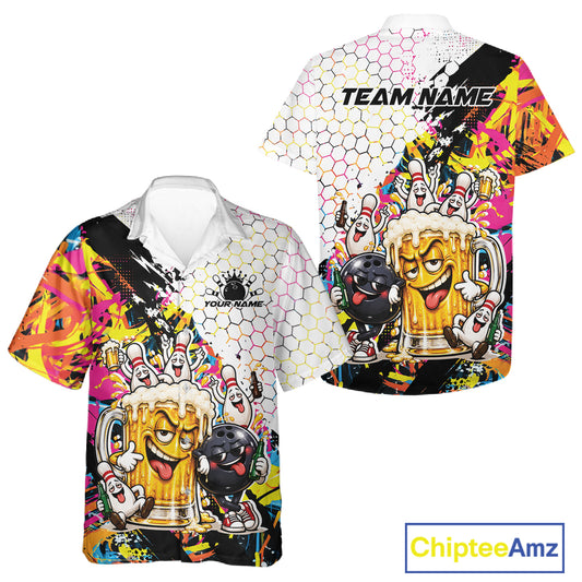 Custom Colorful Splatter Graffiti Funny Bowling And Beer Men And Women Button Up Shirt, Bowling Jersey IPHW12174