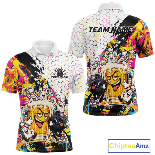 Custom Colorful Splatter Graffiti Funny Bowling And Beer Men Polo Shirt, Bowling Jersey IPHW12174