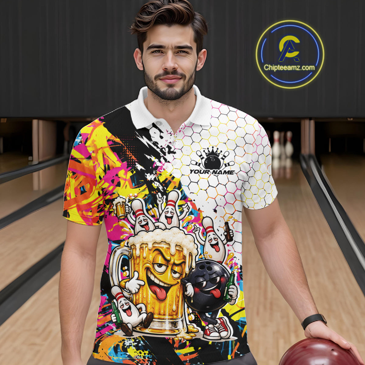 Custom Colorful Splatter Graffiti Funny Bowling And Beer Men Polo Shirt, Bowling Jersey IPHW12174