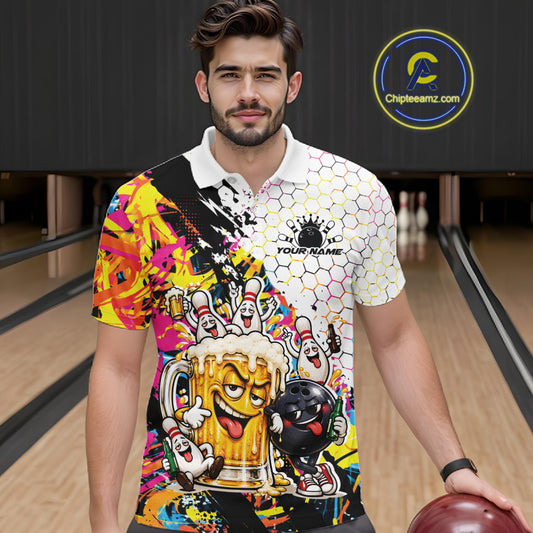 Custom Colorful Splatter Graffiti Funny Bowling And Beer Men Polo Shirt, Bowling Jersey IPHW12174