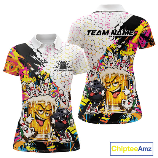 Custom Colorful Splatter Graffiti Funny Bowling And Beer Women Polo Shirt, Bowling Jersey IPHW12174
