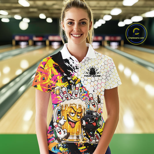 Custom Colorful Splatter Graffiti Funny Bowling And Beer Women Polo Shirt, Bowling Jersey IPHW12174