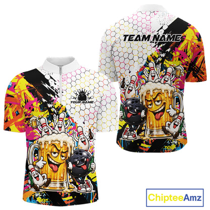 Custom Colorful Splatter Graffiti Funny Bowling And Beer Men Quarter Zip Shirt, Bowling Jersey IPHW12174
