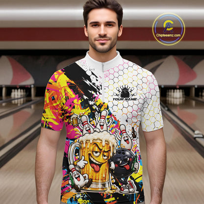 Custom Colorful Splatter Graffiti Funny Bowling And Beer Men Quarter Zip Shirt, Bowling Jersey IPHW12174