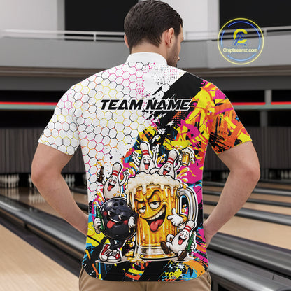 Custom Colorful Splatter Graffiti Funny Bowling And Beer Men Quarter Zip Shirt, Bowling Jersey IPHW12174