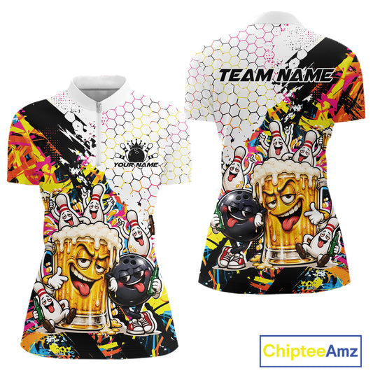 Custom Colorful Splatter Graffiti Funny Bowling And Beer Women Quarter-Zip Shirt IPHW12174
