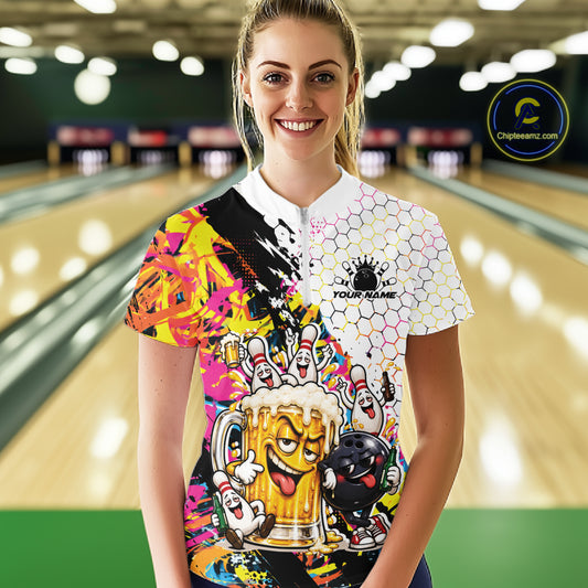 Custom Colorful Splatter Graffiti Funny Bowling And Beer Women Quarter-Zip Shirt IPHW12174
