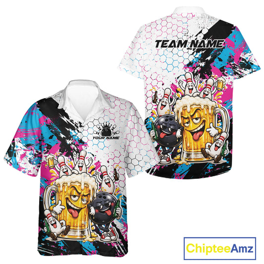 Custom Blue And Pink Funny Bowling And Beer Drinking Men And Women Button Up Shirt, Bowling Jersey IPHW12175