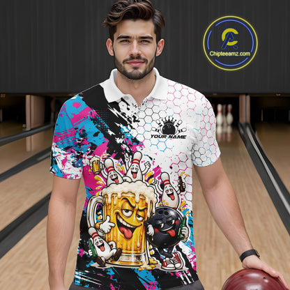 Custom Blue And Pink Funny Bowling And Beer Drinking Men Polo Shirt, Bowling Jersey IPHW12175