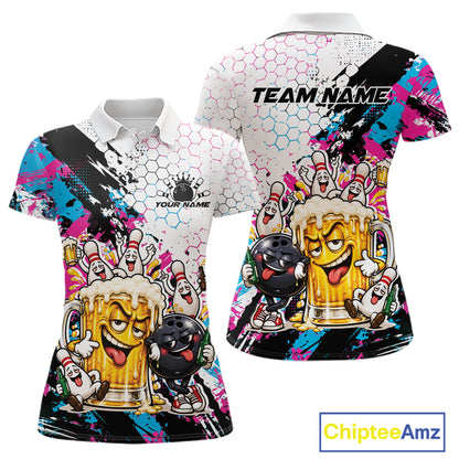 Custom Blue And Pink Funny Bowling And Beer Drinking Women Polo Shirt, Bowling Jersey IPHW12175