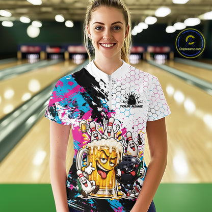 Custom Blue And Pink Funny Bowling And Beer Drinking Women Quarter-Zip Shirt IPHW12175