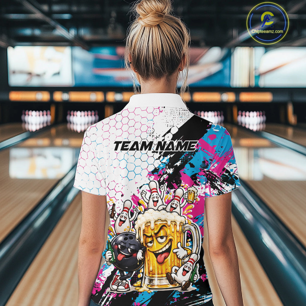 Custom Blue And Pink Funny Bowling And Beer Drinking Women Quarter-Zip Shirt IPHW12175