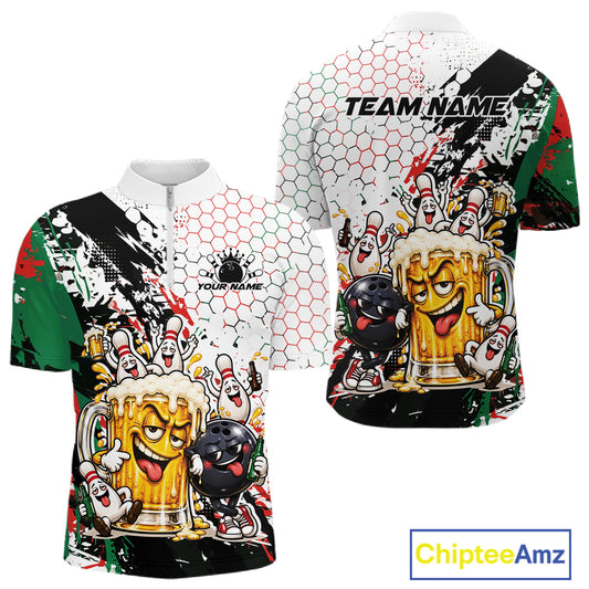Custom Christmas Vibe Funny Bowling And Beer Drinking Men Quarter Zip Shirt, Bowling Jersey IPHW12176