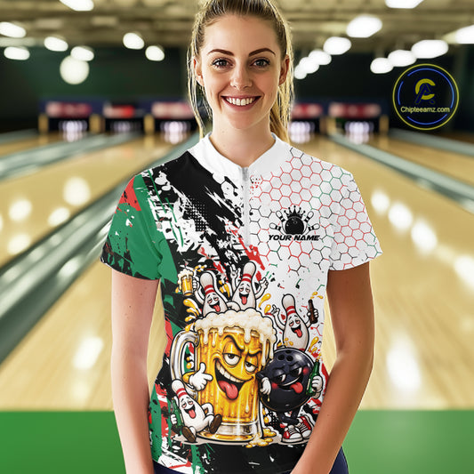 Custom Christmas Vibe Funny Bowling And Beer Drinking Women Quarter-Zip Shirt IPHW12176