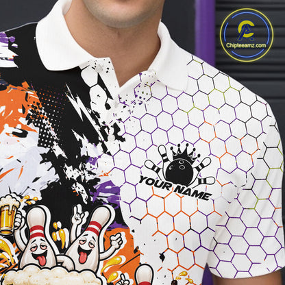 Custom Halloween Vibe Funny Bowling And Beer Drinking Men Polo Shirt, Bowling Jersey IPHW12177