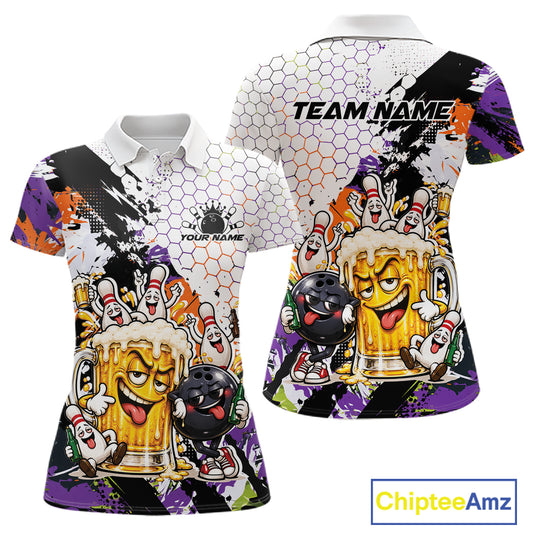 Custom Halloween Vibe Funny Bowling And Beer Drinking Women Polo Shirt, Bowling Jersey IPHW12177