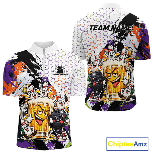 Custom Halloween Vibe Funny Bowling And Beer Drinking Men Quarter Zip Shirt, Bowling Jersey IPHW12177