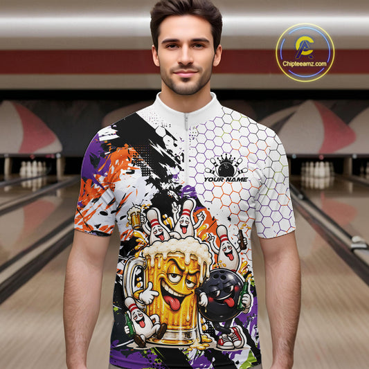 Custom Halloween Vibe Funny Bowling And Beer Drinking Men Quarter Zip Shirt, Bowling Jersey IPHW12177