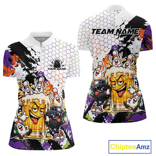 Custom Halloween Vibe Funny Bowling And Beer Drinking Women Quarter-Zip Shirt IPHW12177