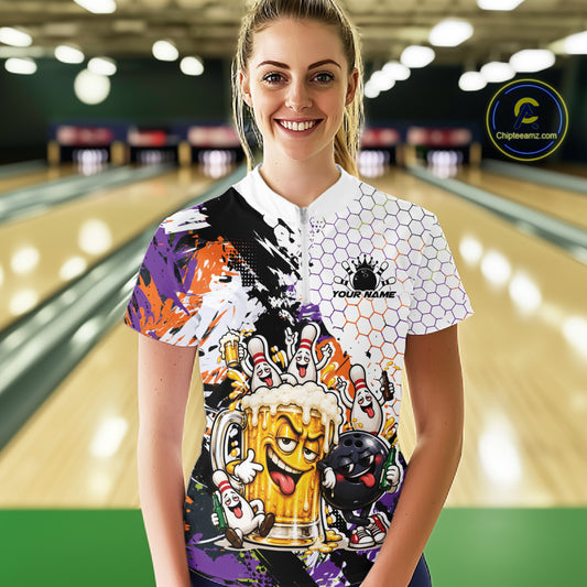 Custom Halloween Vibe Funny Bowling And Beer Drinking Women Quarter-Zip Shirt IPHW12177