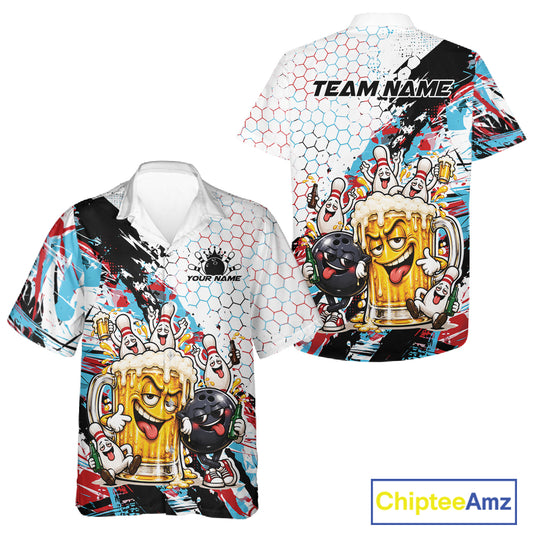 Custom Colorful Blue And Red Funny Bowling And Beer Drinking Men And Women Button Up Shirt, Team Jersey IPHW12178