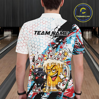 Custom Colorful Blue And Red Funny Bowling And Beer Drinking Men Polo Shirt, Team Jersey IPHW12178