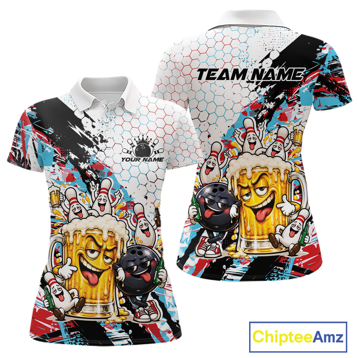 Custom Colorful Blue And Red Funny Bowling And Beer Drinking Women Polo Shirt, Team Jersey IPHW12178